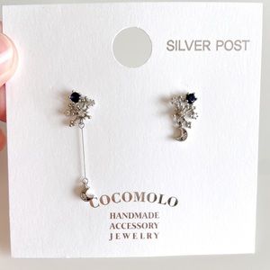 COCOMOLO Blue Rhinestones Moon silver earrings